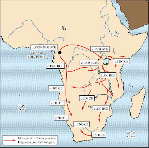 Movement of Bantu Peoples, Languages, & Technologies Map