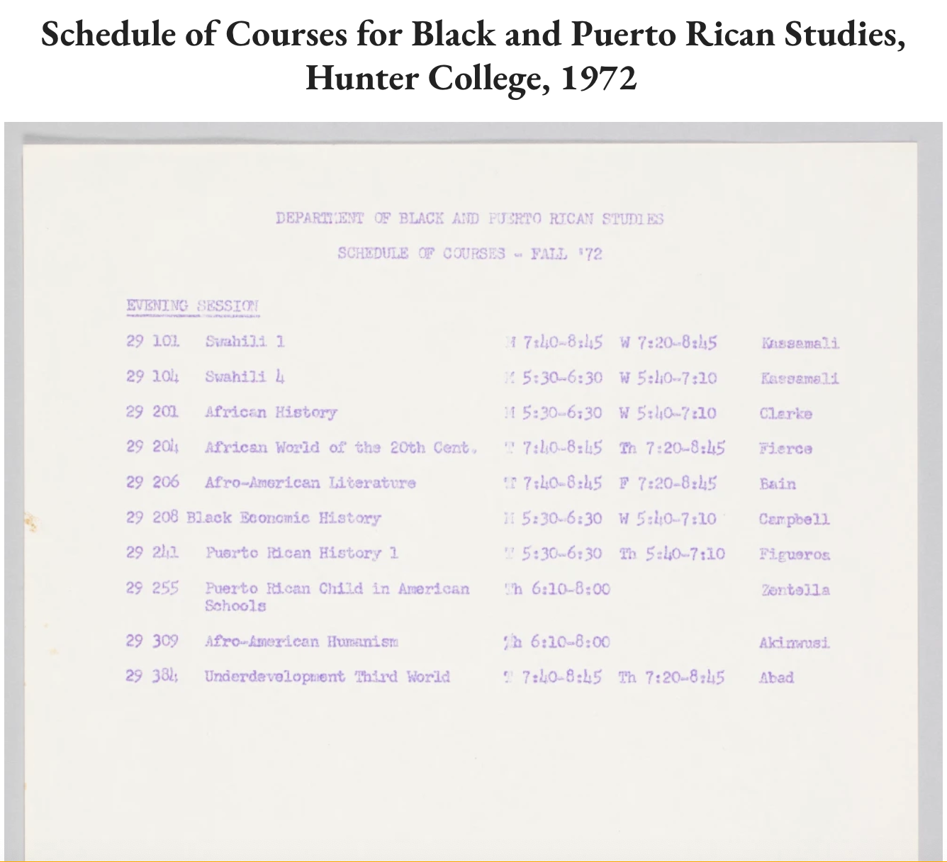 Schedule of Courses for Black and Puerto Rican Studies, Hunter College, 1972 