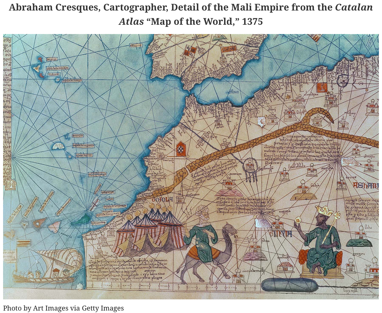 Abraham Cresques, Cartographer, Detail of the Mali Empire from the Catalan Atlas "Map of the World," 1375