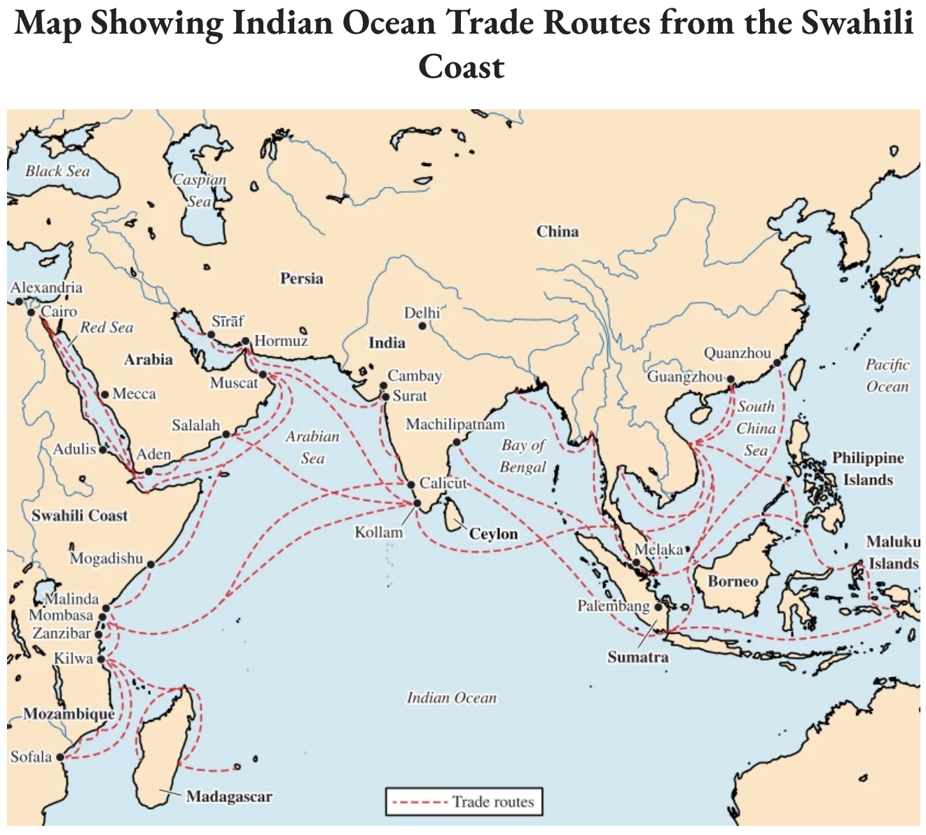 Map Showing Indian Ocean Trade Routes from the Swahili Coast 