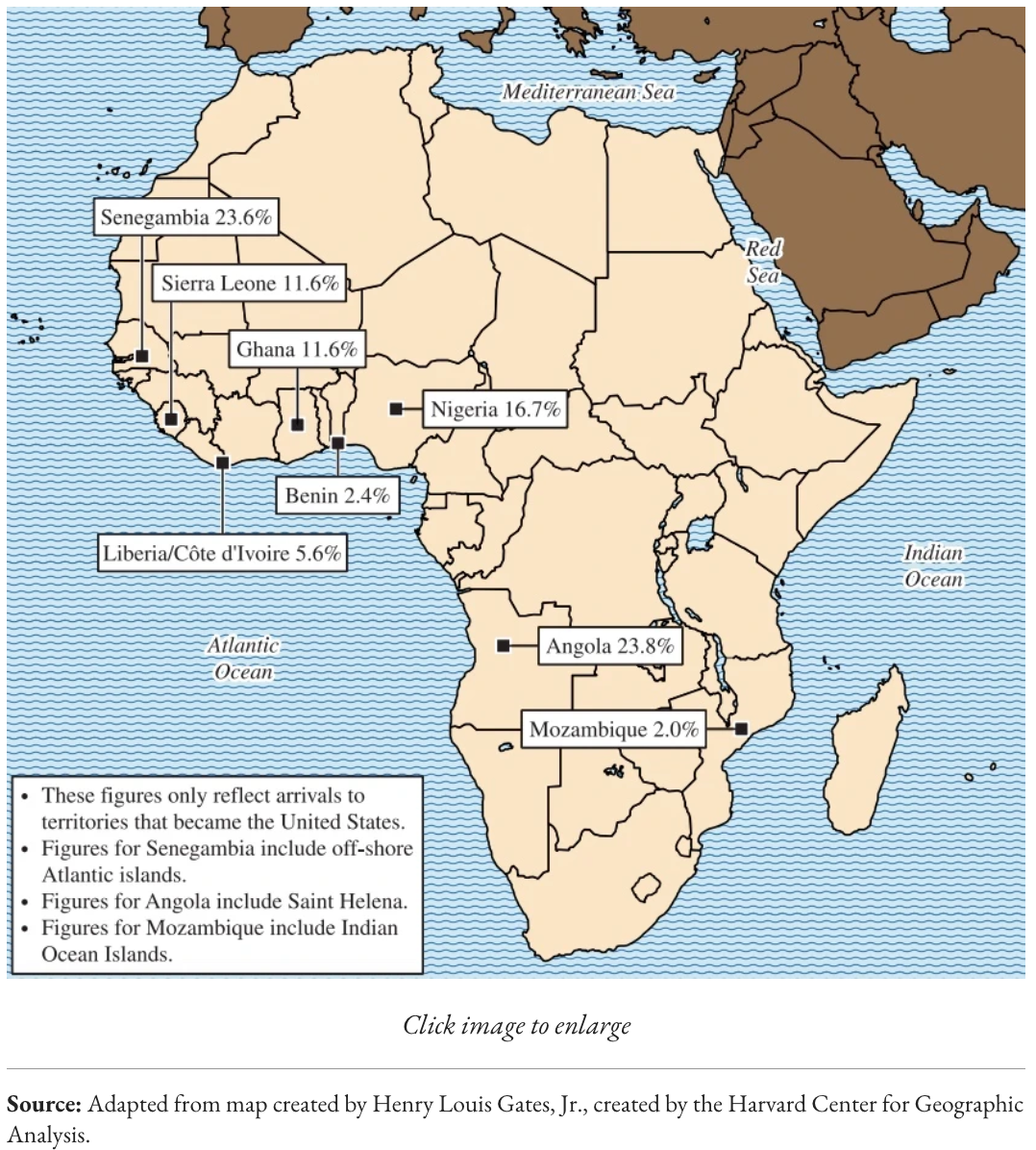 Map Showing the Regional Origins of Enslaved People Forcibly Transported to North America  