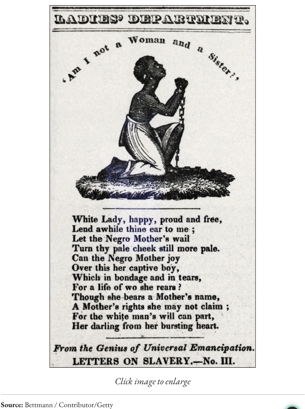 “Am I Not a Woman and a Sister?” from The Liberator, 1849