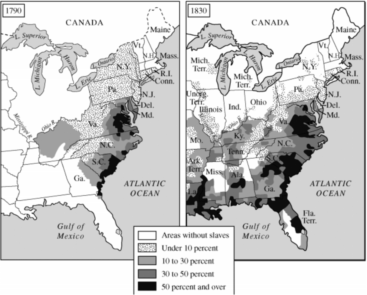 Map of Slavery in the United States (1790 - 1830)