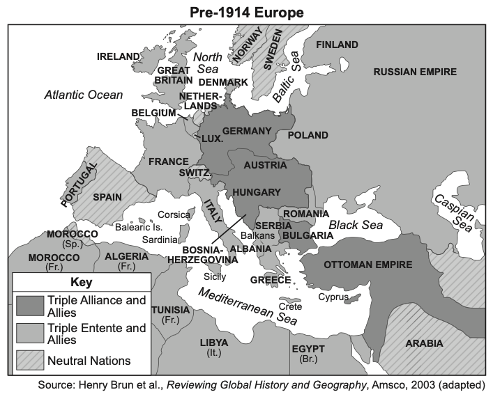 null Map of Europe before World War I showing major countries and empires and a key that shades nations as part of the Triple Alliance and allies, the Triple Entente and allies, or neutral nations.