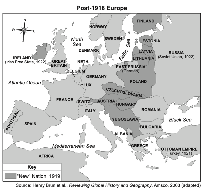 null Map of Europe after World War I showing new national borders and several new nations (including Poland, Czechoslovakia, Yugoslavia, Estonia, Latvia, and Lithuania) and showing the reduced territories of Germany, Austria-Hungary, the Ottoman Empire, and Russia (labeled Soviet Union by 1922).