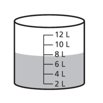 A cylindrical container partially filled with liquid, with measurement markings labeled in liters from 2 L to 12 L along the side. The liquid level appears to be slightly below the 8 L mark.