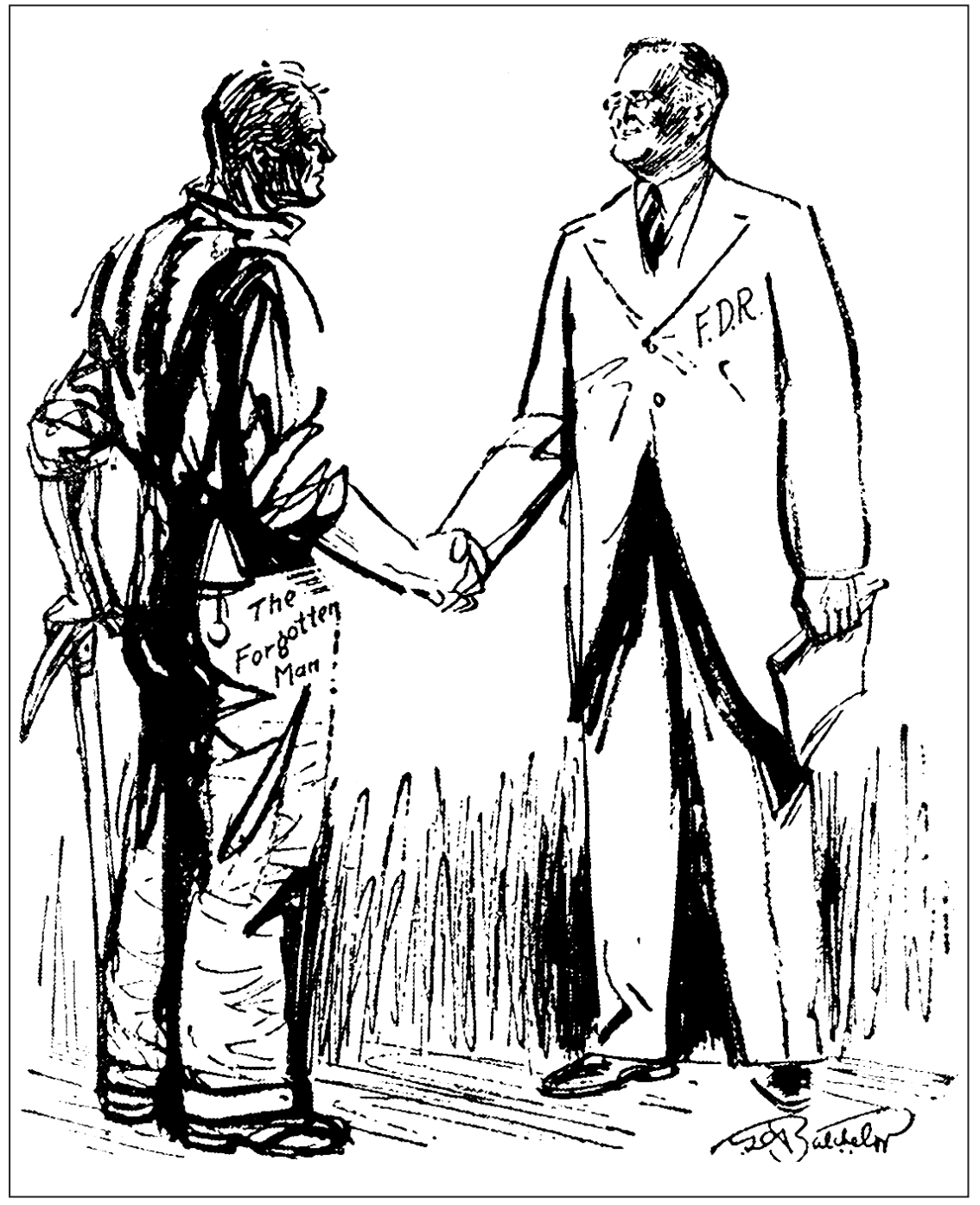 An illustration showing F.D.R. shaking hands with a man labeled as The Forgotten Man