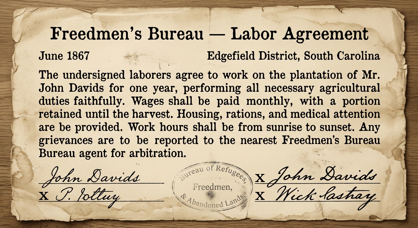 Sepia-toned 1867 Freedmen’s Bureau labor agreement facsimile with typed terms and several handwritten signatures and X marks.