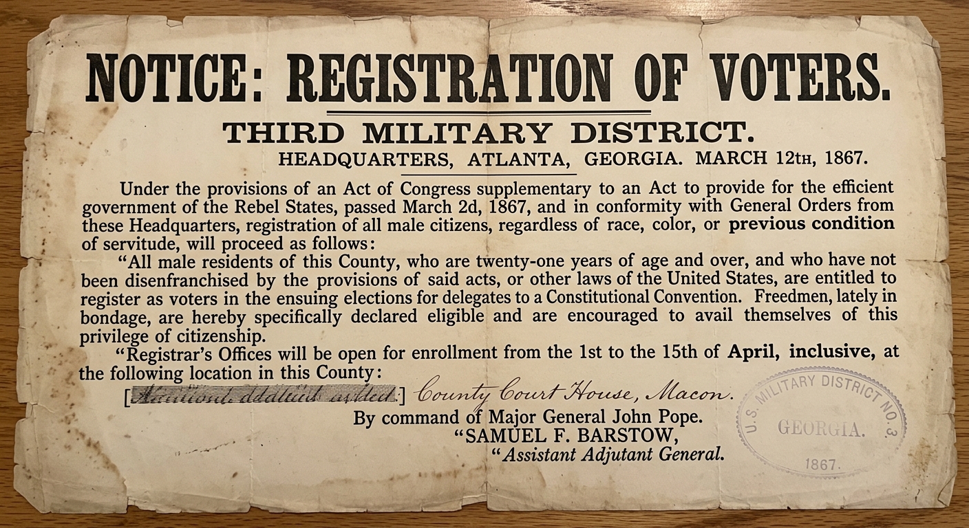 Sepia-toned 1867 voter registration notice for freedmen with printed eligibility details, an official signature, and a faint stamp.