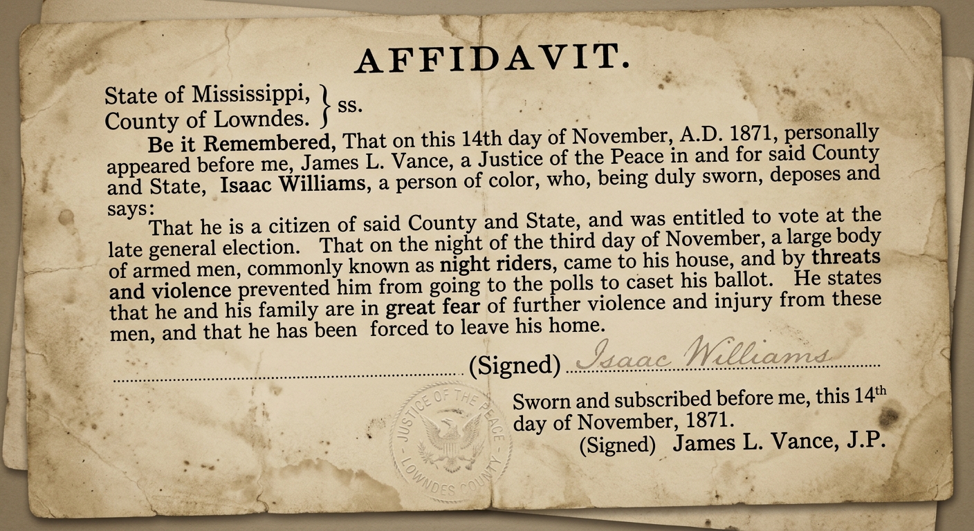 Sepia-toned Reconstruction-era affidavit excerpt describing intimidation that prevented voting, with date, signature line, and faint seal.