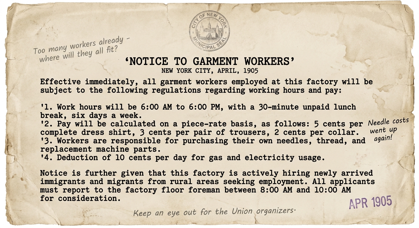 Sepia-toned 1905 New York City notice to garment workers about hiring, wages, and long hours, mentioning newly arrived immigrants.