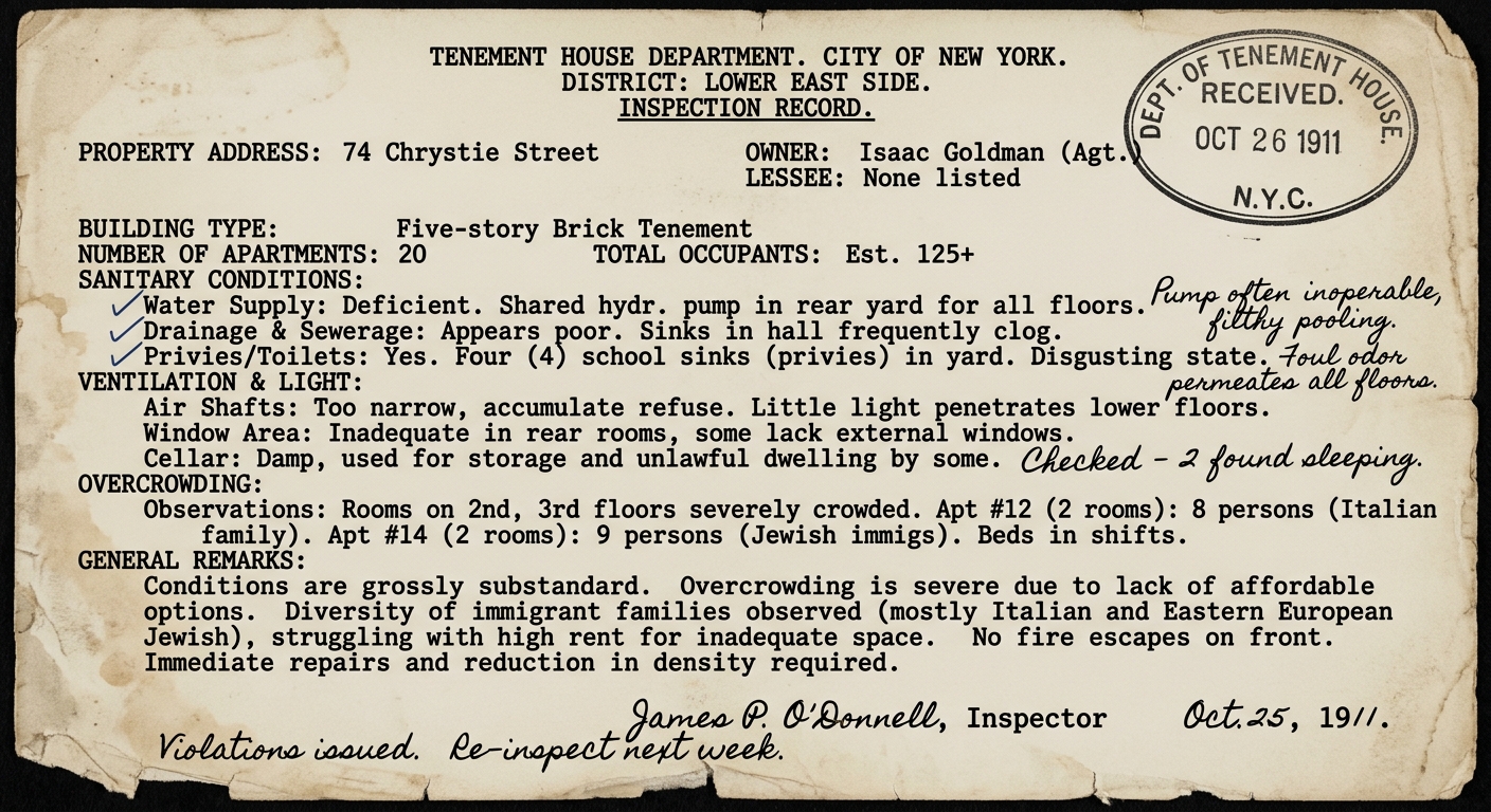 Black-and-white 1911 New York City tenement inspection report noting overcrowding, poor ventilation, and immigrant families.