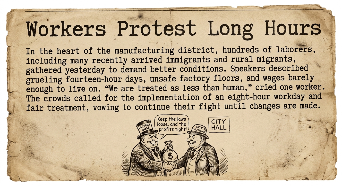 Sepia-toned 1907 NYC newspaper clipping about workers protesting long hours and a small cartoon implying political corruption.