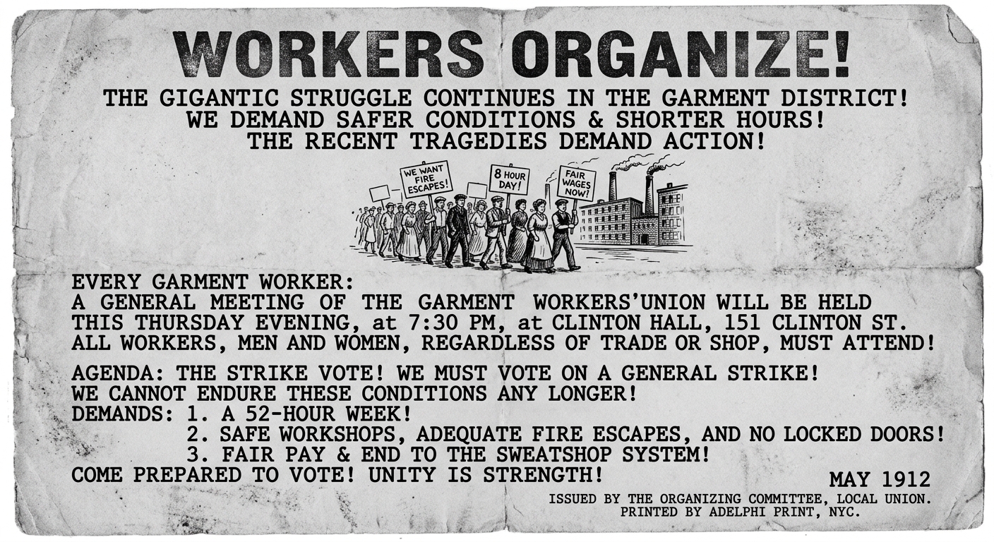 Black-and-white 1912 union leaflet urging New York City workers to organize for safer conditions and shorter hours.