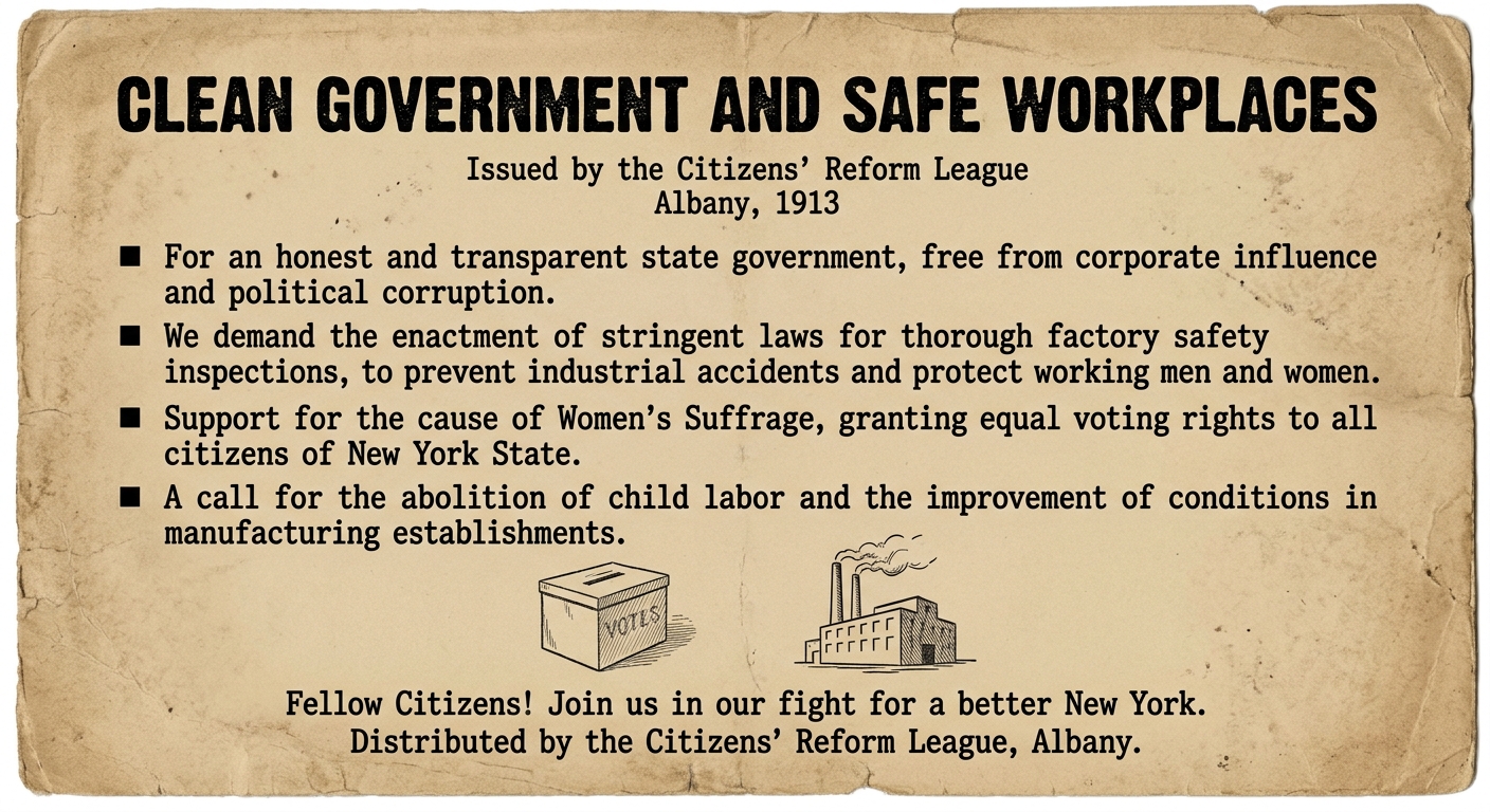 Sepia-toned 1913 reform pamphlet calling for clean government, workplace safety, and women’s suffrage in New York.