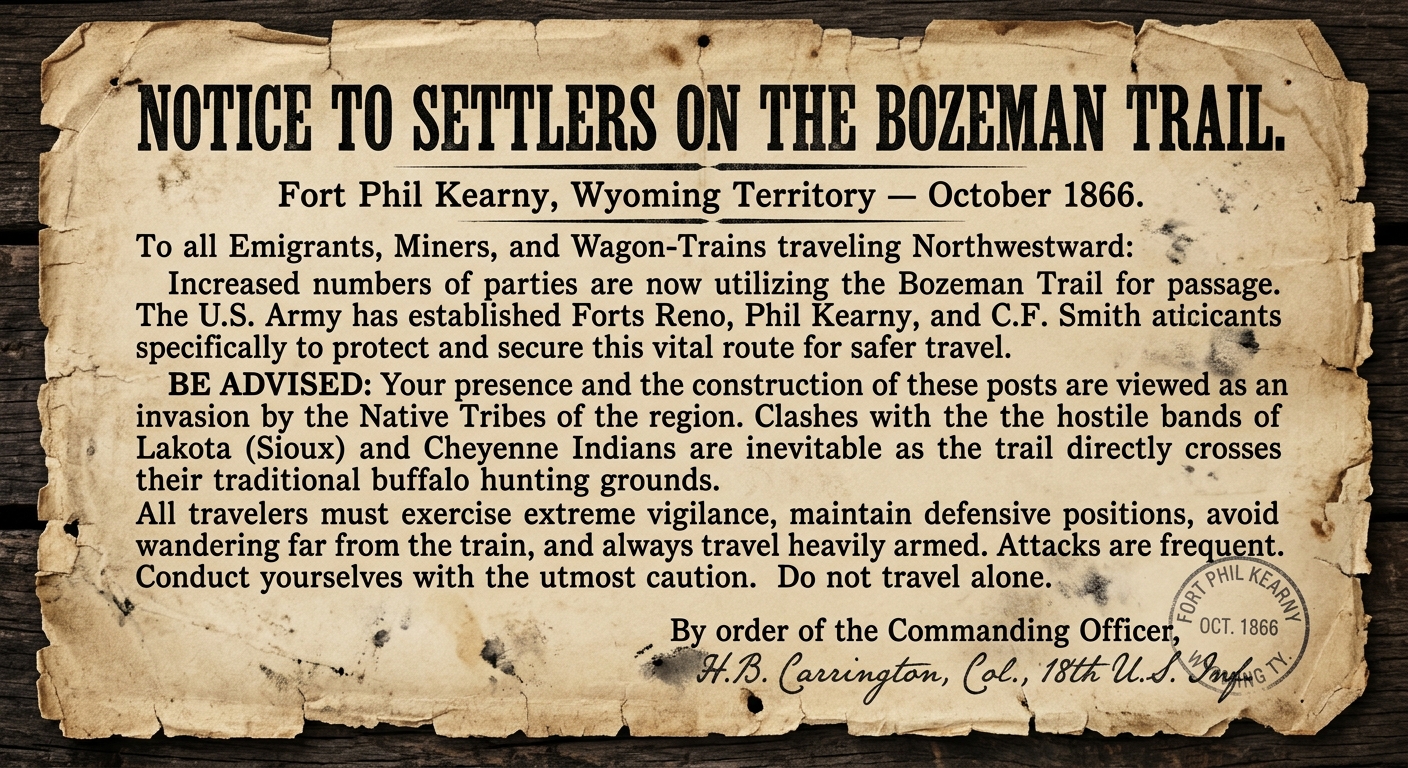 A worn 1866 broadside titled “Notice to Settlers on the Bozeman Trail,” dated at Fort Phil Kearny, warning travelers about potential clashes with Lakota and Cheyenne and describing forts built to protect wagon routes.
