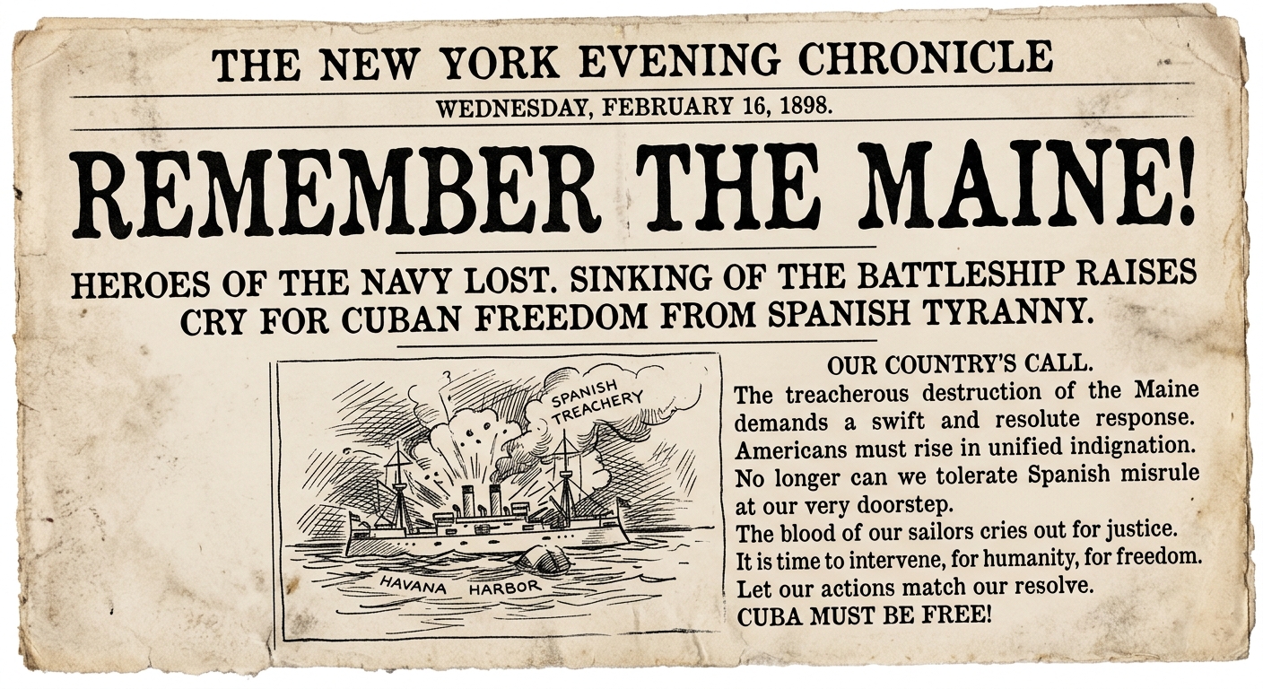 A worn 1898 newspaper excerpt with the headline “Remember the Maine!” about Cuba and Spanish rule, including a small illustration of the USS Maine in Havana Harbor.