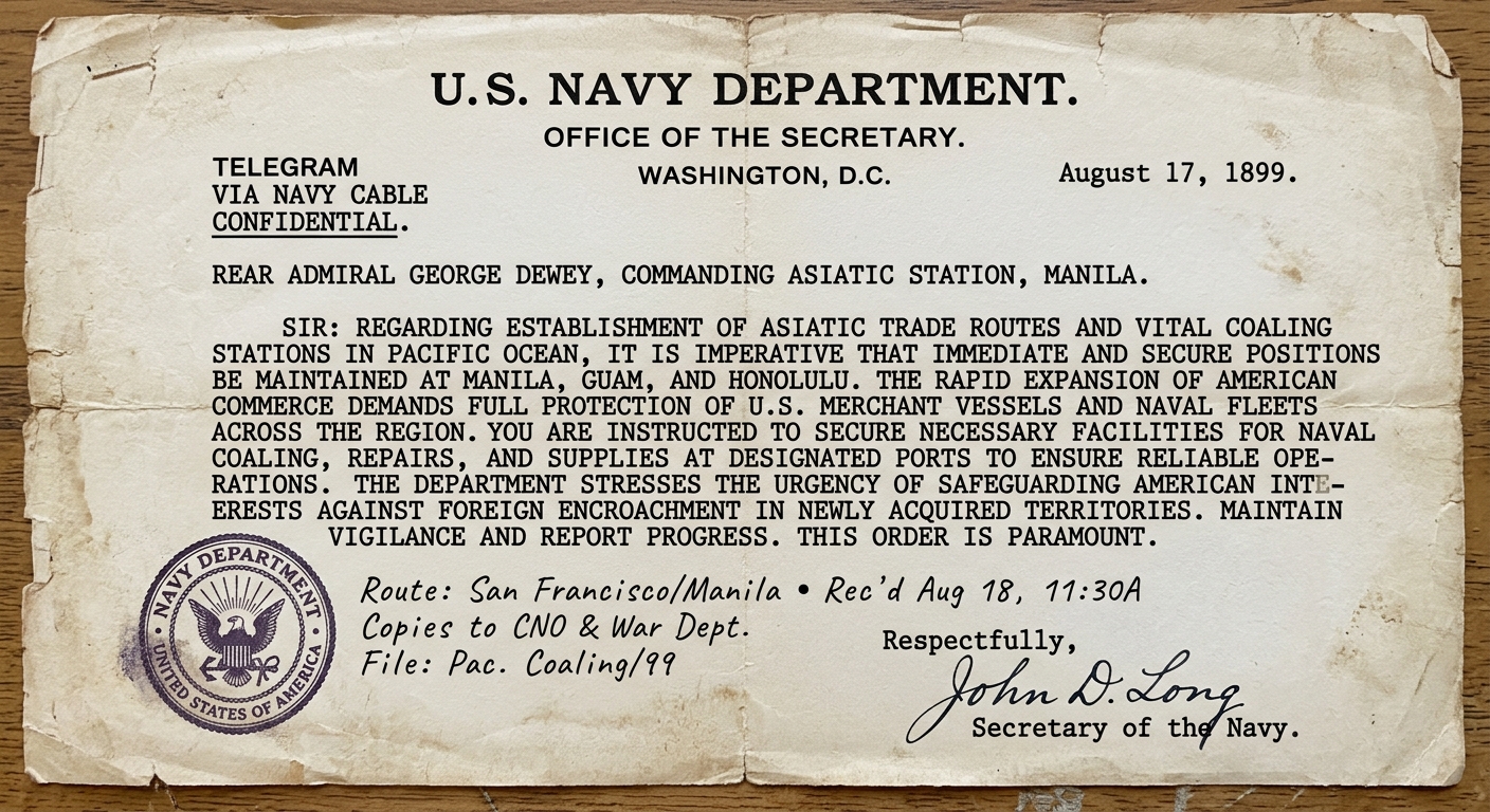 A worn 1899 U.S. Navy Department telegram referencing Pacific coaling stations and protecting American trade routes to Asia.