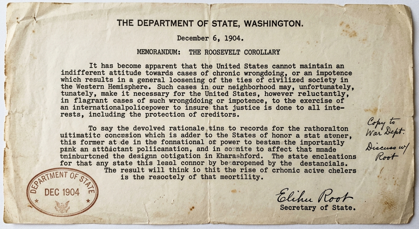 A worn 1904 memorandum titled “The Roosevelt Corollary,” stating that the U.S. may act as an “international police power” in the Western Hemisphere.