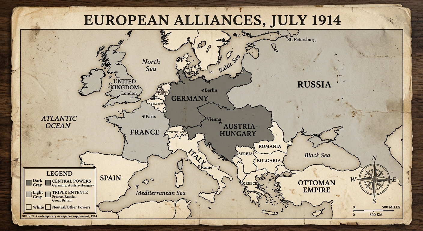 Fictional 1914-style map titled 'European Alliances, July 1914' showing Central Powers and Triple Entente with a legend.
