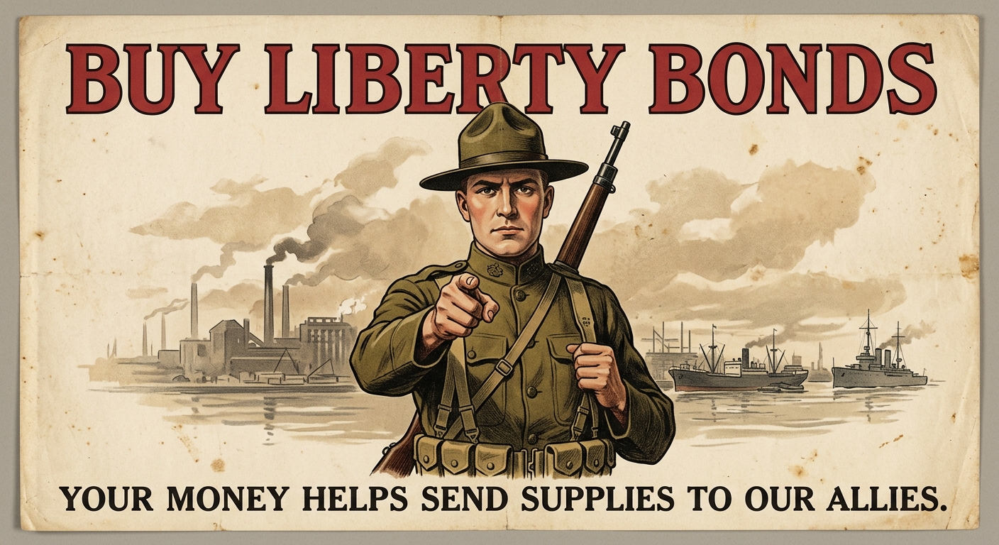 Fictional 1917-style U.S. poster titled 'Buy Liberty Bonds' encouraging Americans to support the Allies with war bonds.