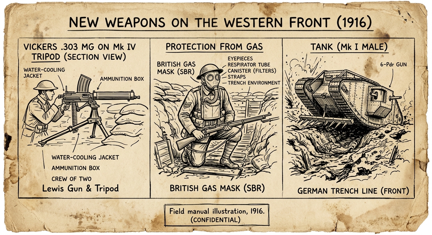Fictional 1916 field-manual style diagram showing a machine gun, a gas mask, and a tank labeled as new Western Front weapons.