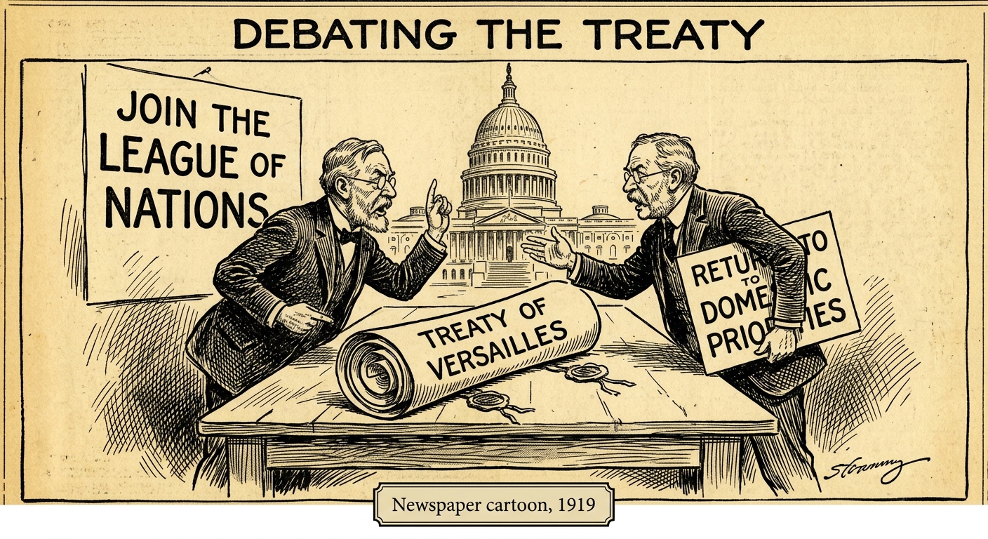 Fictional 1919 newspaper-style political cartoon about the U.S. Senate debating the Treaty of Versailles and League of Nations versus focusing on domestic priorities.
