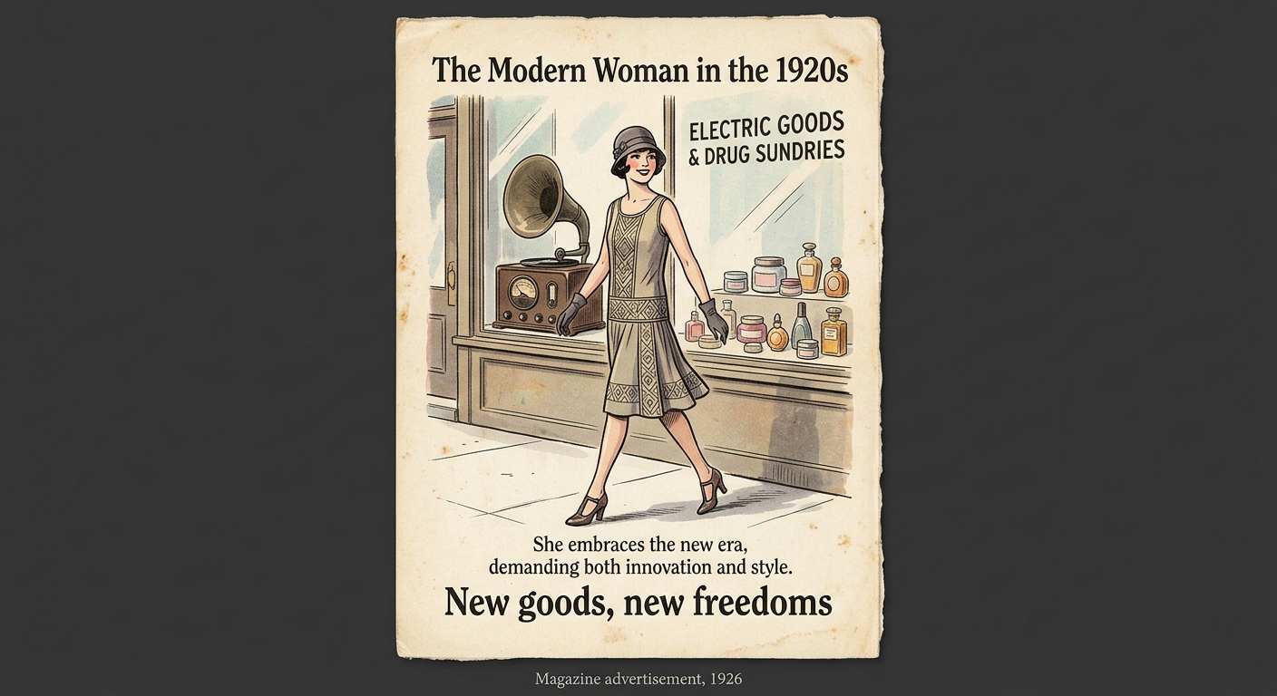 Fictional 1926 magazine advertisement titled 'The Modern Woman in the 1920s' showing a woman in 1920s fashion near a storefront with consumer goods.