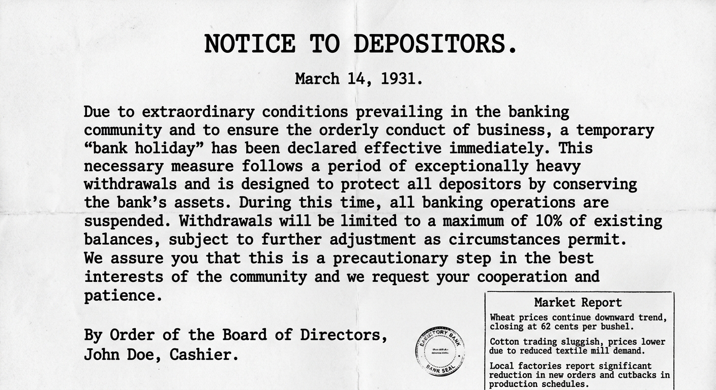 Scanned black-and-white document dated March 14, 1931 titled “Notice to Depositors,” announcing bank withdrawal limits and mentioning falling crop prices in a small market report box.