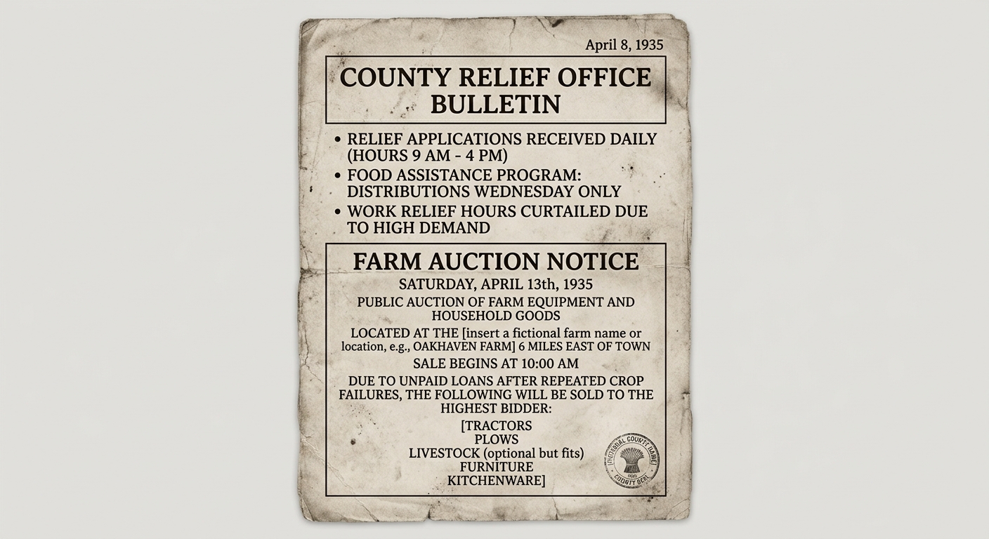 Dust-stained scanned flyer dated April 8, 1935 showing a County Relief Office bulletin and a Farm Auction Notice about aid requests and selling property after crop failures.
