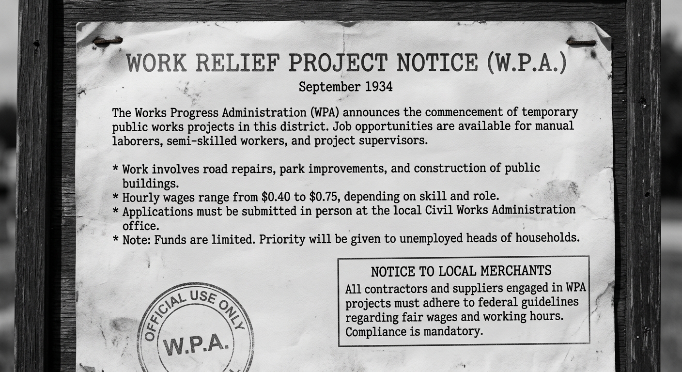 Scanned black-and-white 1934 work relief project notice describing public-works jobs, limited funds, and a small box advising local merchants about federal wage and hour guidelines.