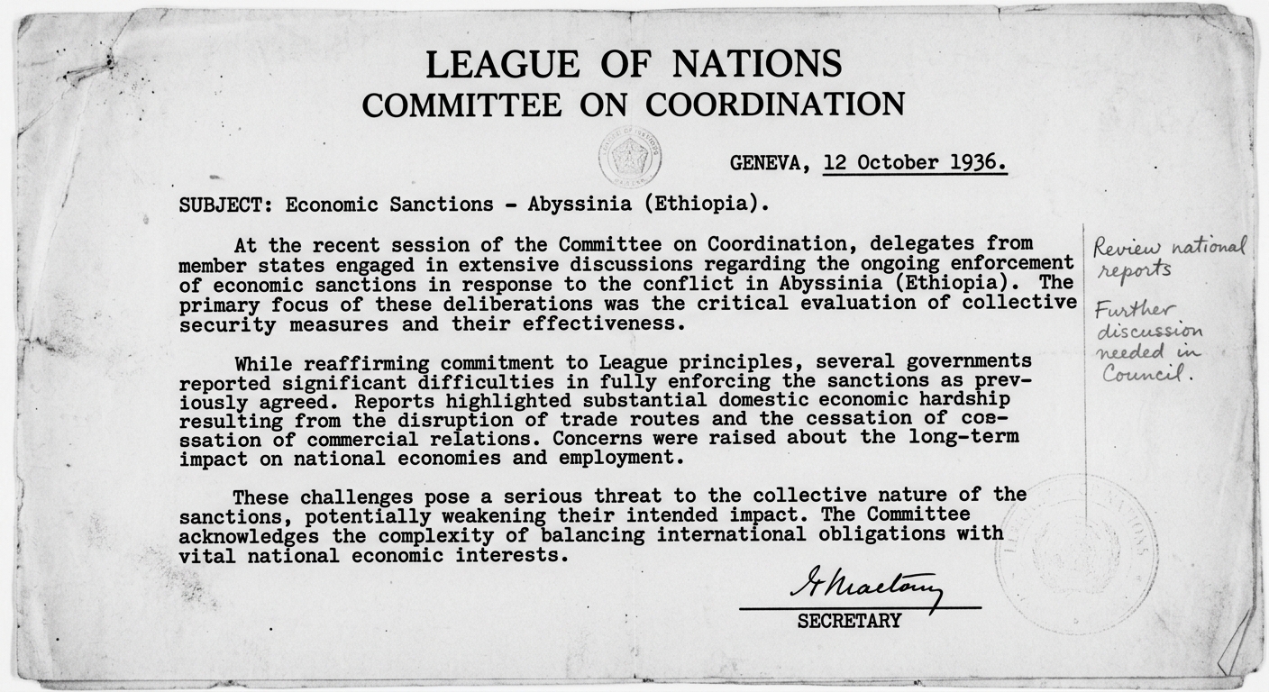 Facsimile League of Nations memorandum dated 1936 discussing economic sanctions and the difficulty of enforcing them.