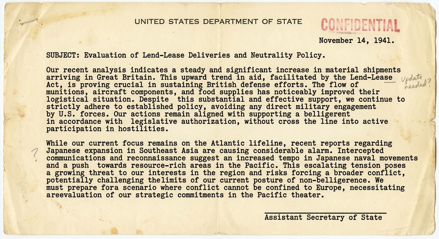Facsimile 1941 U.S. government memorandum about neutrality, aid to Britain, and growing war concerns.