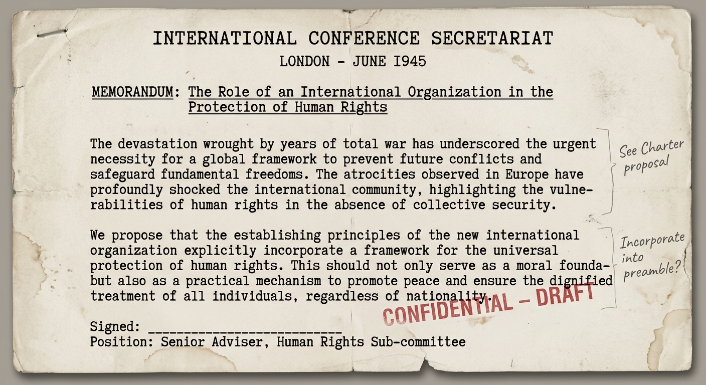 Facsimile 1945 briefing note calling for an international organization and protection of human rights after World War II atrocities.