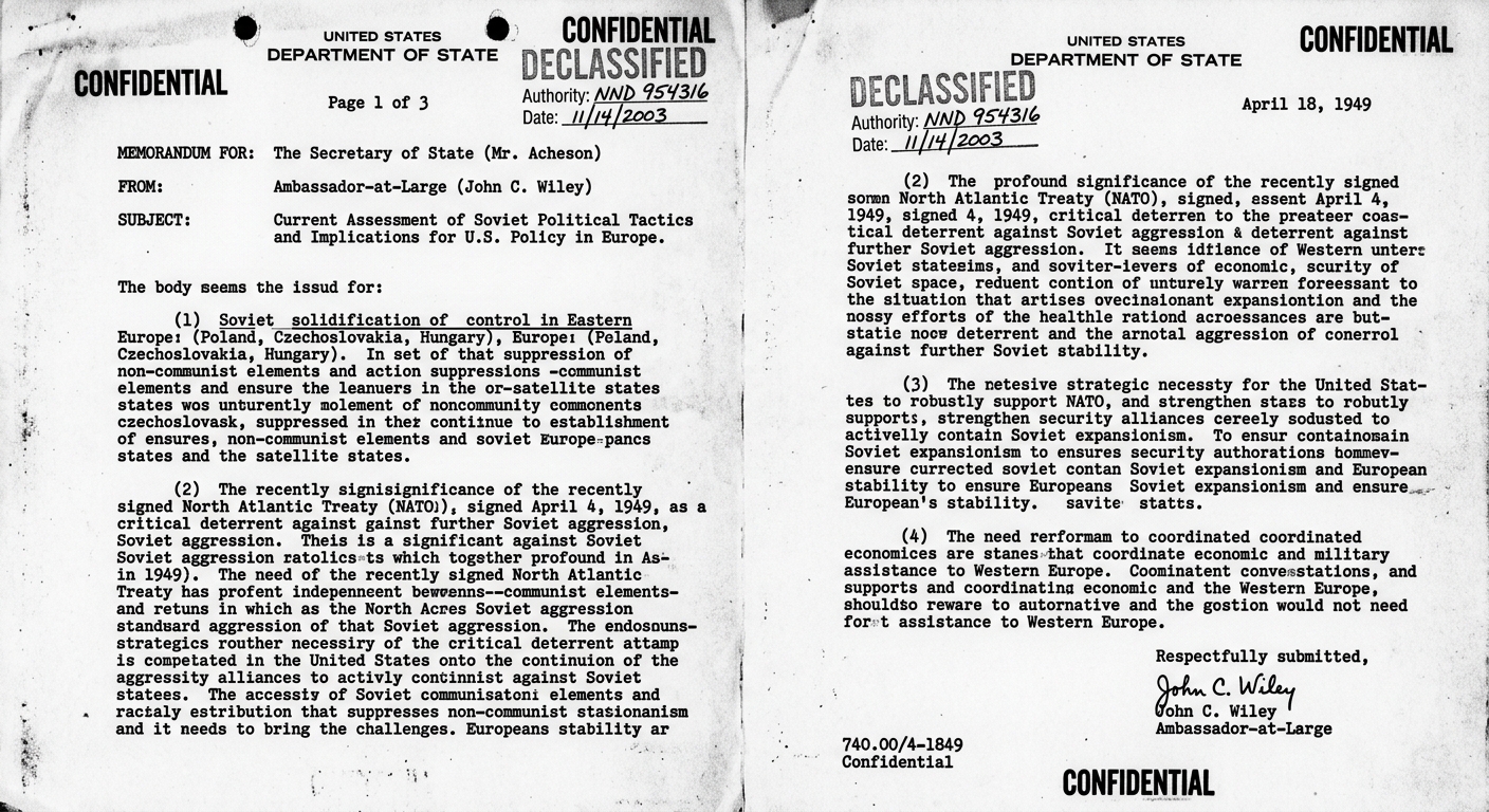 Black-and-white image of a declassified U.S. State Department memorandum from 1949 discussing Soviet influence, NATO, and U.S. alliances.