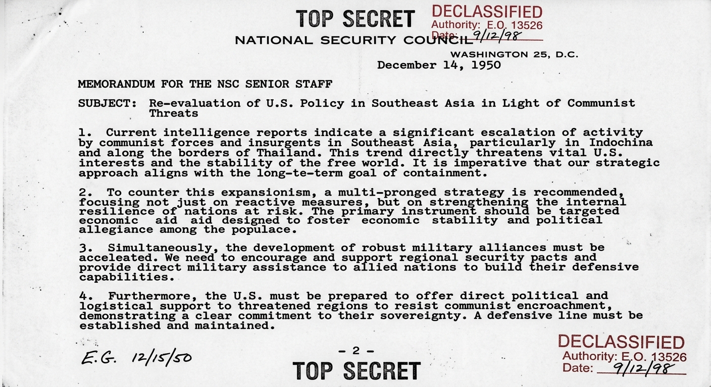 Black-and-white image of a declassified 1950 U.S. National Security Council memo describing containment of communism and recommending alliances and aid.