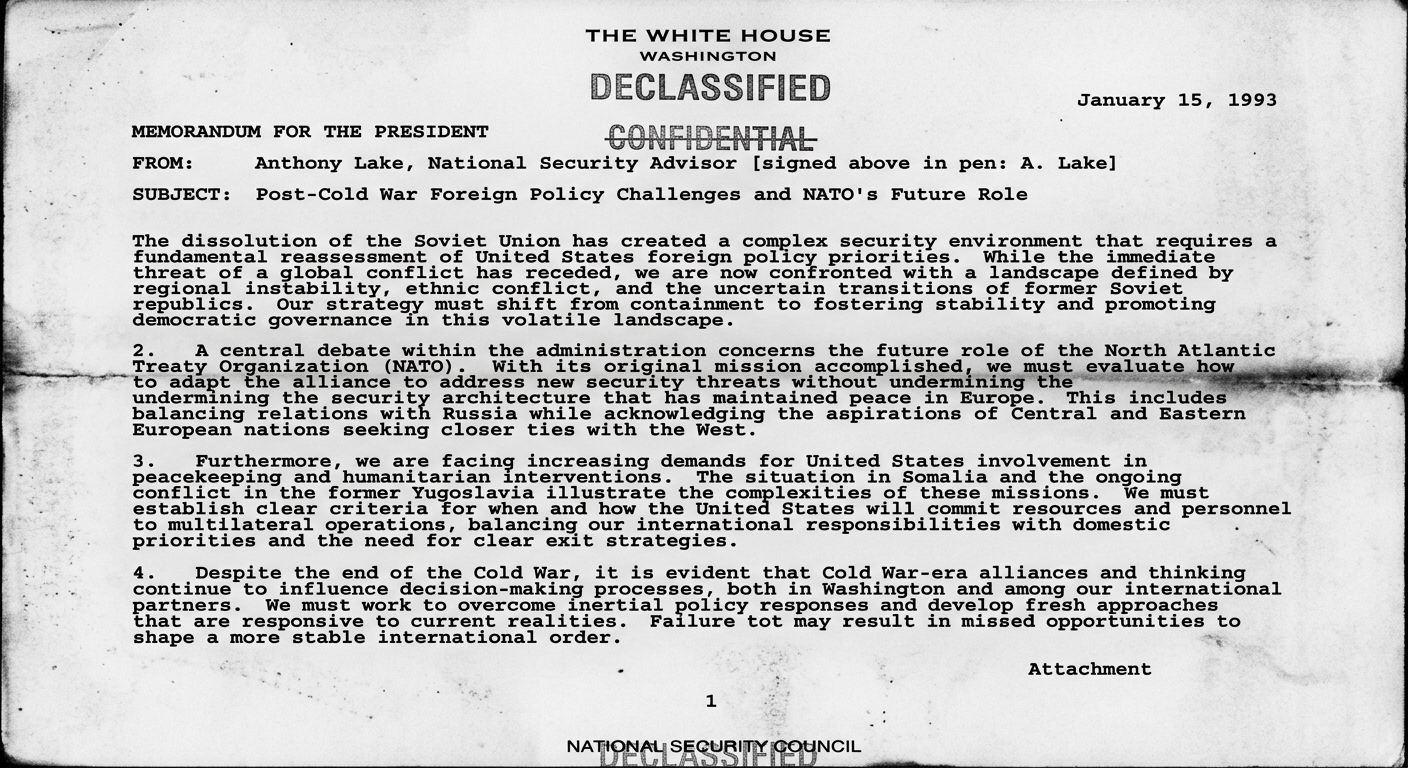 Black-and-white image of a declassified early 1990s U.S. foreign policy memo discussing the post–Cold War role of the United States and the legacy of Cold War alliances.