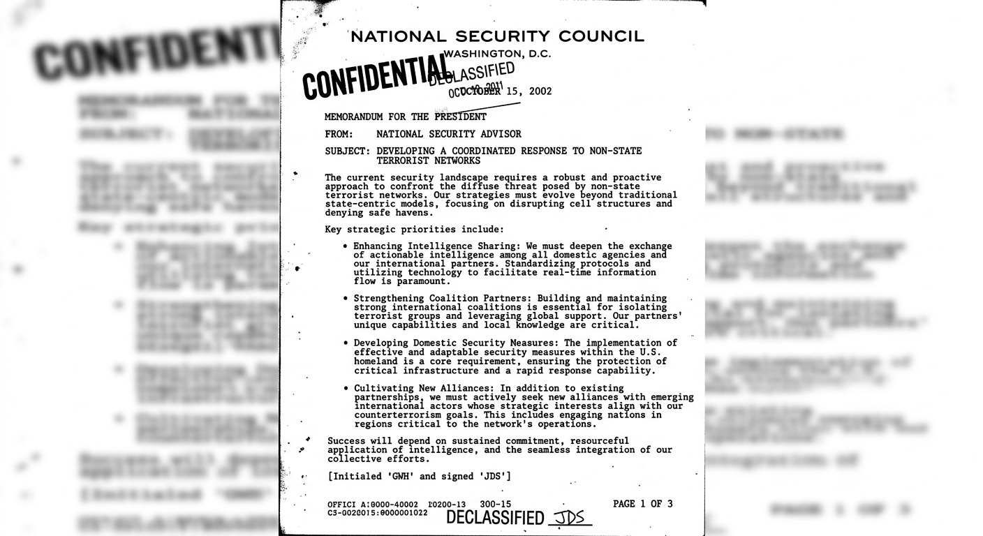 Black-and-white image of a declassified early 2000s U.S. government memo discussing responses to non-state terrorism, intelligence sharing, and coalition alliances.