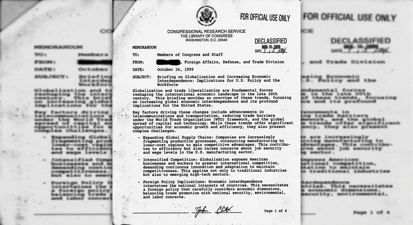 Black-and-white image of a U.S. government briefing memo about globalization, trade interdependence, and economic competition.