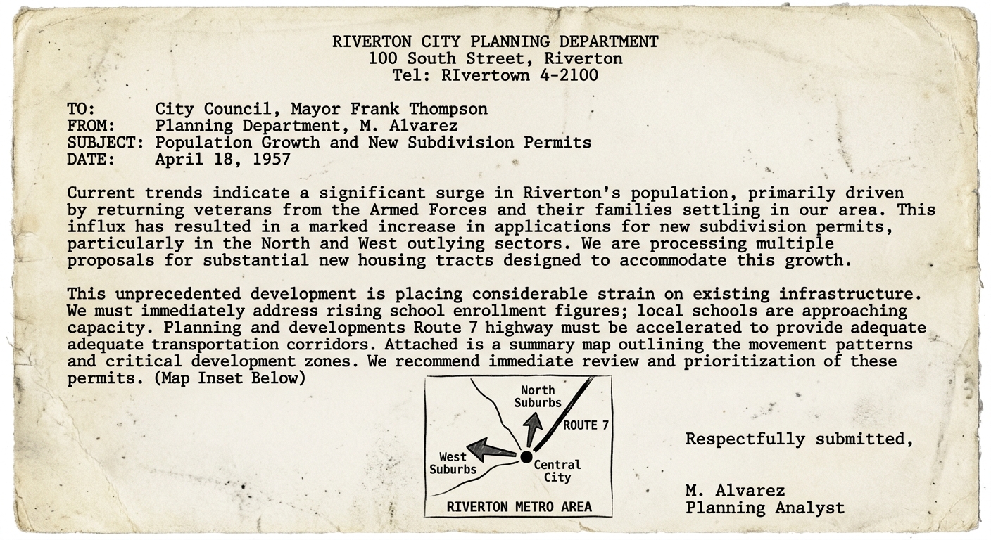 Grayscale scanned 1957 Riverton City Planning Department memo about population growth, new suburban subdivisions, and a Route 7 highway, with a small map showing movement from the central city to north and west suburbs.