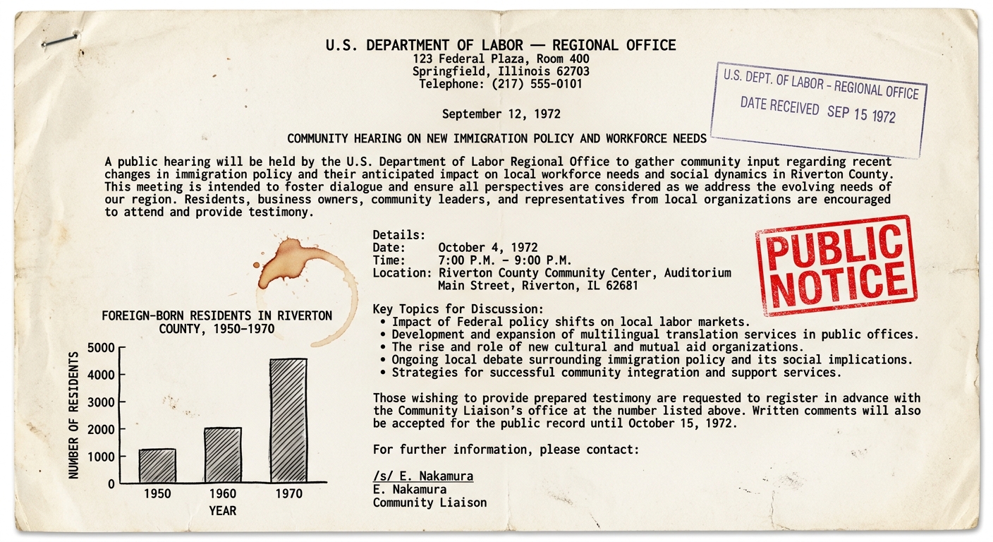 Color scanned 1972 public notice about a community hearing on immigration policy and workforce needs, including a small bar chart showing foreign-born residents increasing from 1950 to 1970.