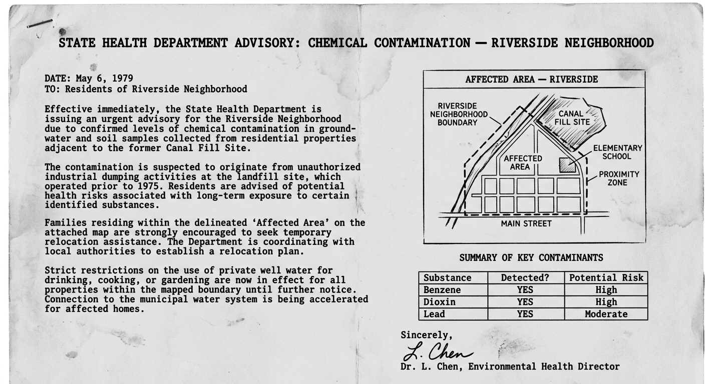 Grayscale scanned 1979 state health advisory about chemical contamination in a neighborhood near a canal fill site, with a small map and a table listing pollutants and potential risks.