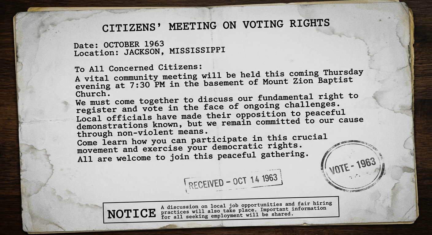 Black-and-white 1963-style flyer titled “Citizens’ Meeting on Voting Rights,” dated October 1963 in Jackson, Mississippi, inviting people to a church meeting about peaceful protest and voter registration, with a small notice about jobs and fair hiring.