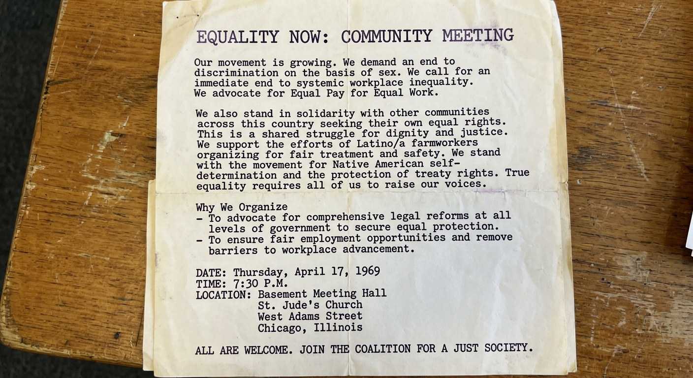 Black-and-white 1969-style coalition flyer titled “Equality Now: Community Meeting,” dated April 1969 in Chicago, calling for women’s equality and equal pay and expressing solidarity with other groups seeking equal rights.