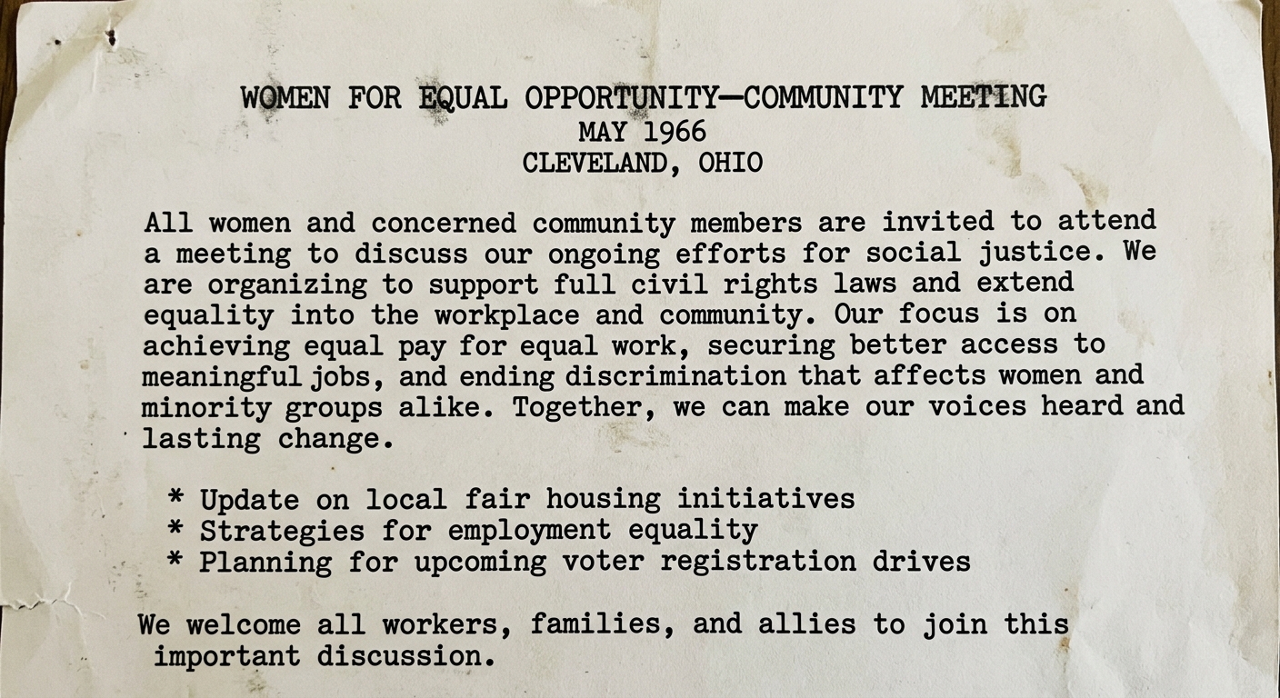 Black-and-white 1966-style community newsletter announcement titled “Women for Equal Opportunity—Community Meeting,” dated May 1966 in Cleveland, Ohio, discussing equal pay, job access, and organizing efforts connected to the broader civil rights movement.