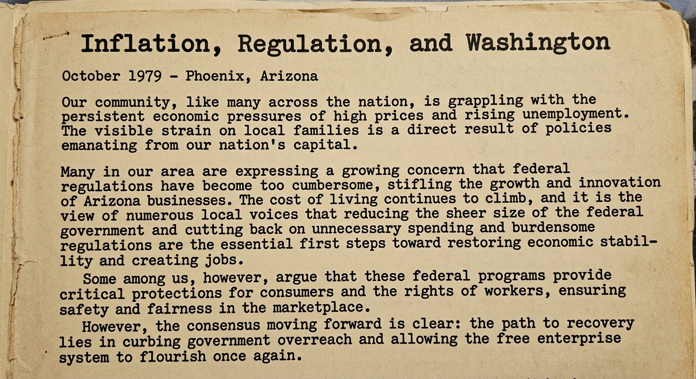 Black-and-white 1979-style newspaper opinion piece titled “Inflation, Regulation, and Washington,” dated October 1979 in Phoenix, Arizona, discussing inflation and unemployment and arguing for reducing federal regulation and government spending while noting an opposing view that programs protect consumers and workers.