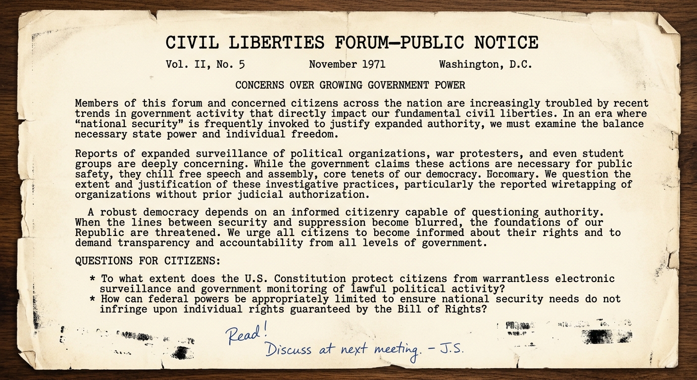 Black-and-white 1971 public notice titled “Civil Liberties Forum—Public Notice,” dated November 1971 in Washington, D.C., discussing debates about government surveillance, national security, and constitutional protections for civil liberties.