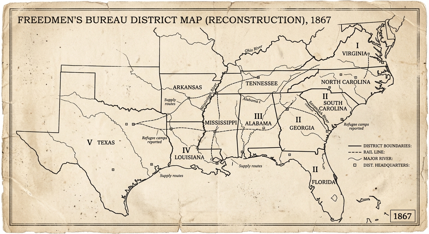 Scanned 1867-style map showing Freedmen’s Bureau districts in the former Confederate states with major rivers and rail lines.