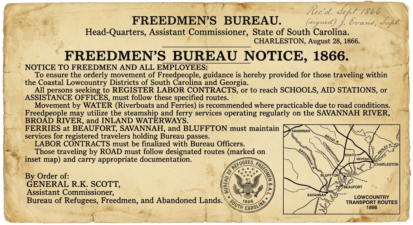 Scanned 1866 Freedmen’s Bureau notice with an inset map showing coastal rivers, ferry crossings, and towns in the South Carolina–Georgia Lowcountry.