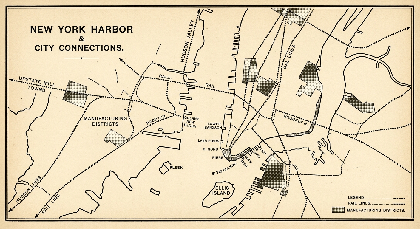Sepia-toned historical-style map labeled New York Harbor, Ellis Island, major piers, rail connections to upstate towns, and shaded manufacturing districts.